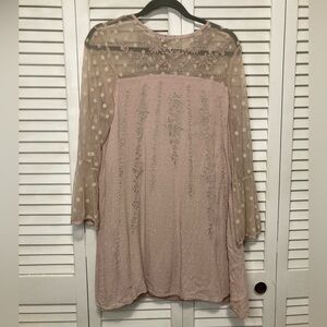 Entro Pink Lace Embroidered Tunic Bell Sleeve Blouse Size Small